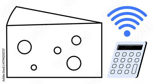 Swiss cheese wedge with circular holes beside a calculator and wireless signal. Ideal for technology, innovation, communication, modern solutions, creative thinking, problem-solving, simple flat