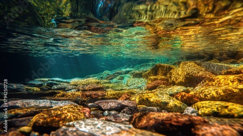 Underwater Scene with Colorful Rocks and Sunlight Reflection in Clear Water Stock Photo for Nature and Environment Use