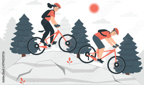 Two People Mountain Biking Down Rocky Trail cycling sport