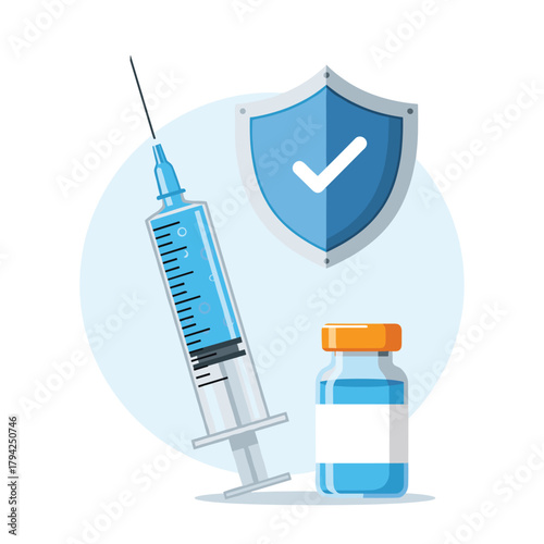 Medical concept of vaccination with a syringe full of vaccine, a small vial, and a protective shield with a checkmark.
