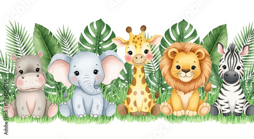 Cute cartoon safari animals sitting together