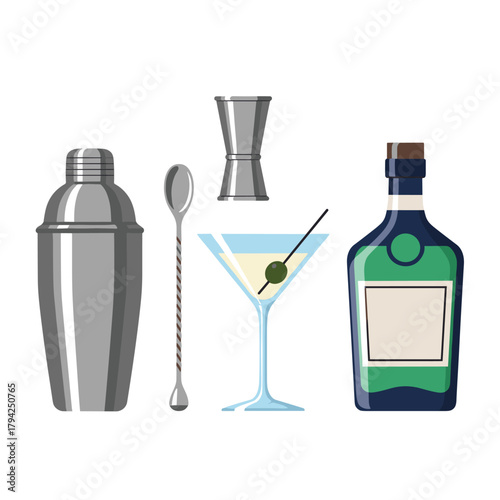 Essential bar tools for professional mixology, featuring a cocktail shaker, jigger, bar spoon, and a perfectly made martini.