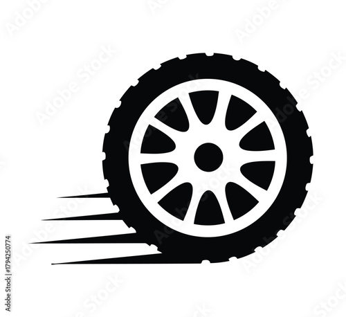 car, tire, wheel, automotive, speed, motion, blur, fast, transport, vehicle, icon, symbol, graphic, design, black and white, isolated, technology, movement, rotation, driving, race, performance, energ