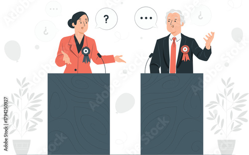 Two politicians debating at podiums with question marks debate election