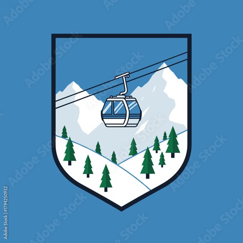 Winter sports and ski resort emblem design with a cable car gondola traveling over a snowy mountain landscape with pine trees.