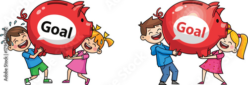 Children lifting giant piggy bank symbolizing savings goal, teamwork, financial education, motivation, money management, cartoon illustration for kids learning budgeting