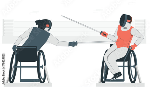 Two wheelchair fencers engaged in a duel with swords disabled sport