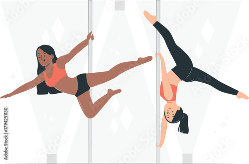 Two women performing pole dancing routines on white background fitness exercise
