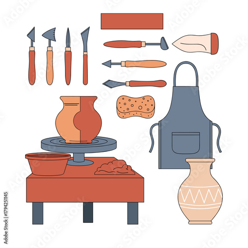 Illustrated collection of pottery making tools and equipment including a potter's wheel, clay, sculpting tools, and an apron.