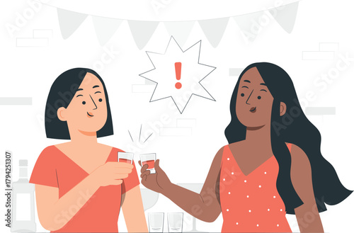 Two women toasting with shots at a party with exclamation mark celebration cheers