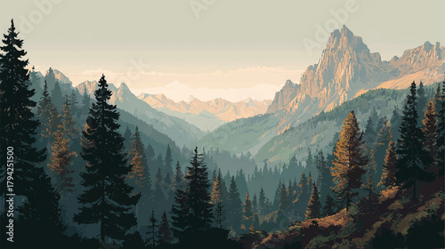 Majestic Mountain Range Landscape with Pine Forest and Atmospheric Perspective