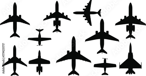 Silhouettes, aircraft, top view, airplane, jet, propeller, military, commercial, aviation, black, white, isolated, graphic, design, transport, flight, collection, comparison, aerodynamics, stock