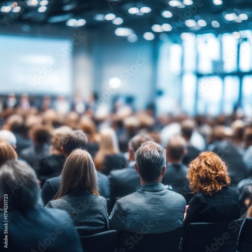 Large group of people sits in conference hall listening to presentation. Attendees dressed in business attire. Blurred image conveys busy corporate seminar training session. Many people present