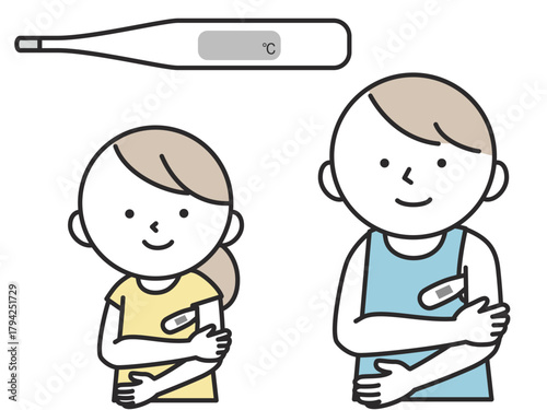体温計をわきの下に挟んで体温計測をする男性と女性のイラスト
