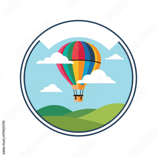 Colorful hot air balloon flying high in a blue sky with clouds over rolling green hills, framed in a circular travel icon.