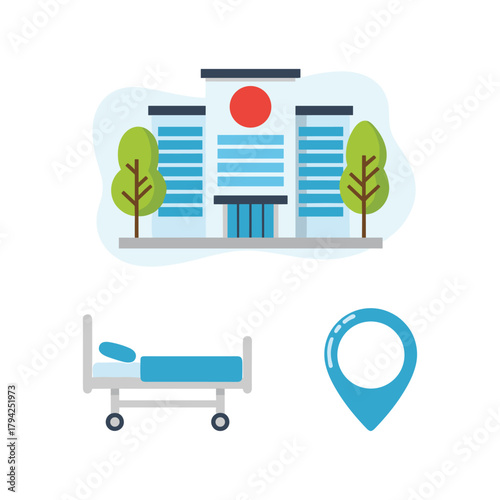 Flat design concept of hospital and medical services with icons of a hospital building, a patient bed, and a map location pin.