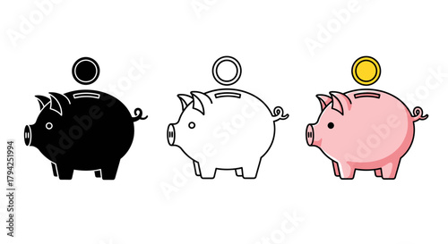 Three piggy banks in different styles on white background