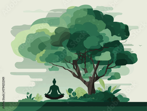 Meditating Under a Green Tree Illustration for Mindfulness and Wellbeing
