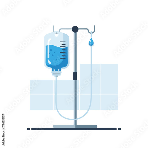 Medical intravenous therapy concept showing an IV drip bag with fluid hanging on a stand in a hospital room setting.