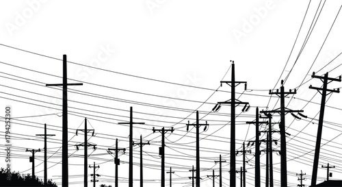 Urban utility poles, tangled power lines, electrical infrastructure, silhouette network, industrial cables, chaotic grid, city wires, energy transmission, overcast sky, complexity