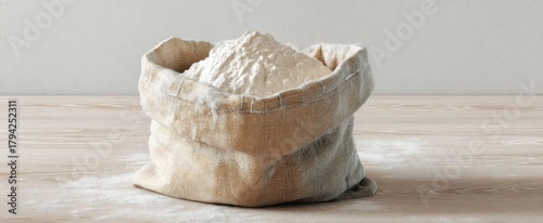 The Flour Sack on a Rustic Wooden Table Ready for Baking Preparations