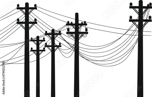 Silhouetted utility poles with power lines, electrical infrastructure, energy transmission, industrial grid, black and white contrast, dramatic composition, engineering structure