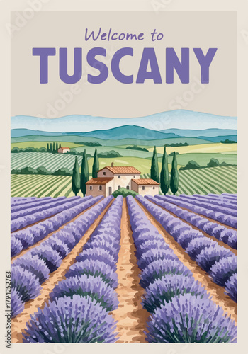 Retro travel poster illustration reading Welcome to TUSCANY showing classic Italian landscape view