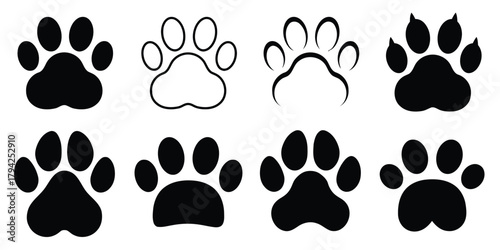 paw print, dog, cat, animal, pet, footprint, track, silhouette, icon, symbol, graphic, design element, illustration, set, collection, multiple, outline, filled, black, white, isolated, animal track, m