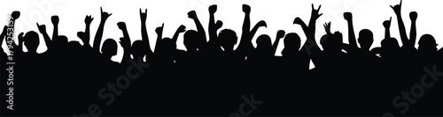 Crowd Silhouette with Hands Raised, Audience Cheering Banner Graphic, Concert or Rally Crowd Outline, Celebration or Excitement Border, vector, illustration.