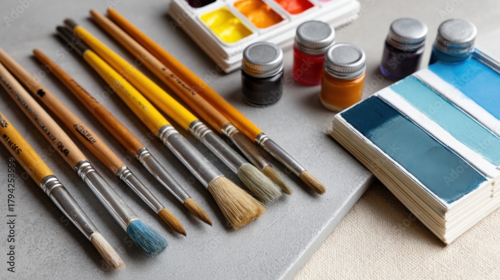 Naklejka premium A flat-lay of art supplies: paintbrushes, watercolors, and sketchbooks on a canvas. 