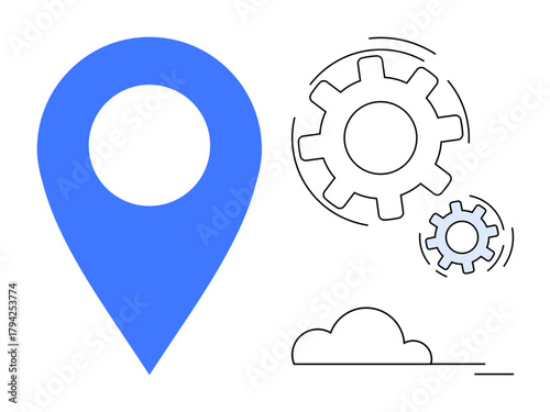Blue location pin alongside interconnected gears and a simple cloud. Ideal for themes thumbs up navigation, technology, innovation, development, teamwork, workflow, and optimization. Simple flat