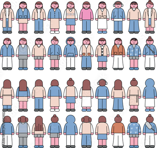 Full body front and back character set wearing spring outfits and casual clothing styles