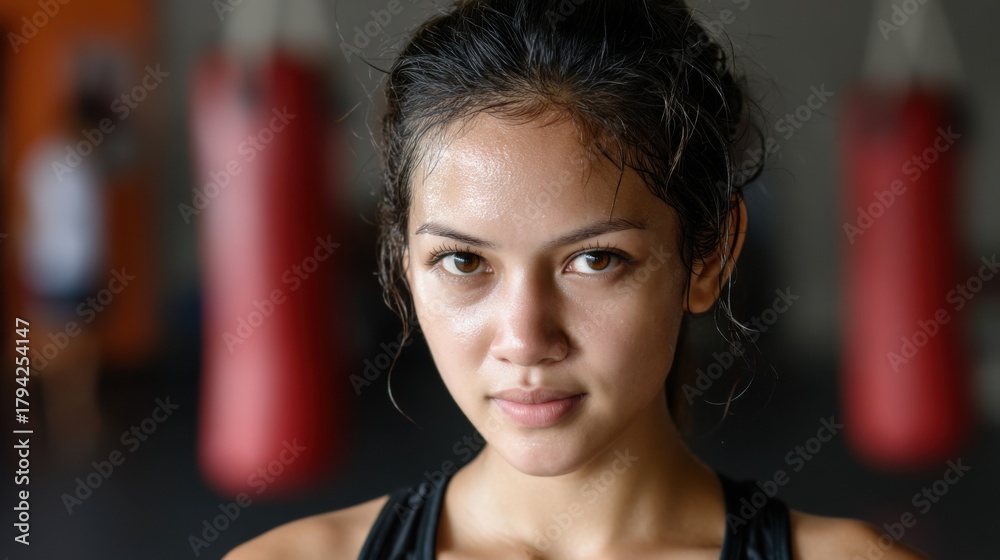 Naklejka premium A young Thai woman practicing Muay Thai in a gym with intense focus. 