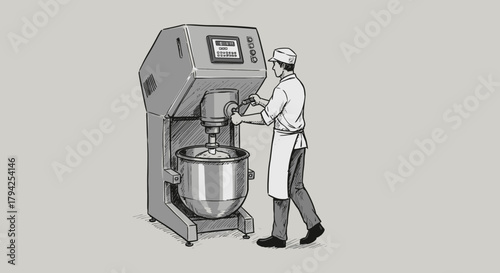 A professional baker in a white uniform diligently operates a large commercial stand mixer, preparing dough or batter in a busy kitchen environment.