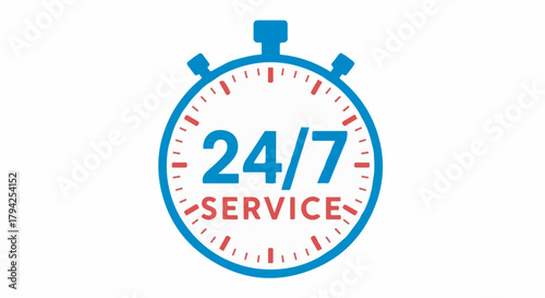 24/7 Service stopwatch icon representing continuous business operation, customer support, and quick availability vector graphic.