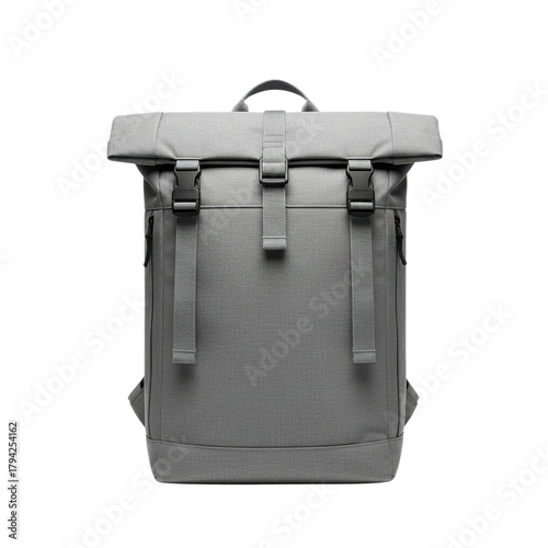 Modern gray roll-top backpack made of durable textile with black buckles.