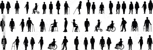 Inclusive, accessibility, diversity, disability, mobility, silhouette, wheelchair, walker, cane, healthcare, support, people, aid, standing, seated, walking, black, icon, representation, awareness