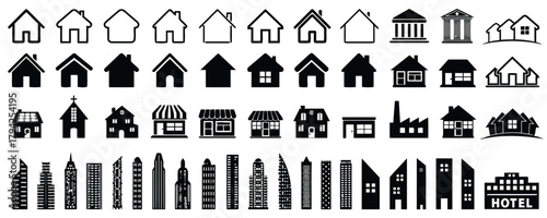 house, home, building, icon, silhouette, architecture, real estate, property, residential, commercial, hotel, church, shop, factory, skyscraper, city, urban, collection, set, graphic, design, illustra