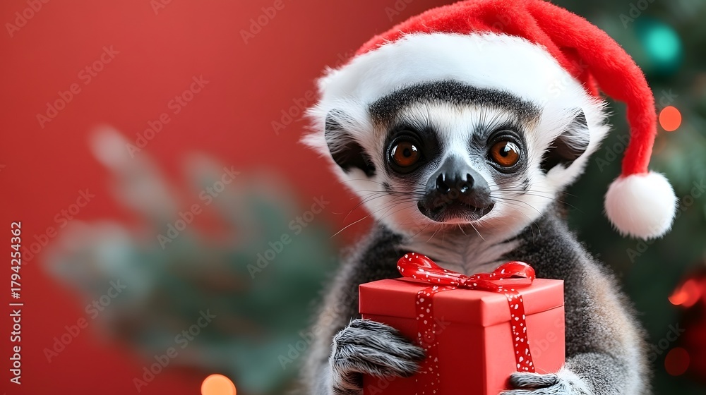 Obraz premium Cute lemur wearing a Santa hat holds a gift during the holiday season in a festive setting