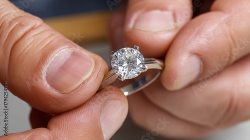 Close-up of a jeweler's hands setting a sparkling diamond into a ring. 