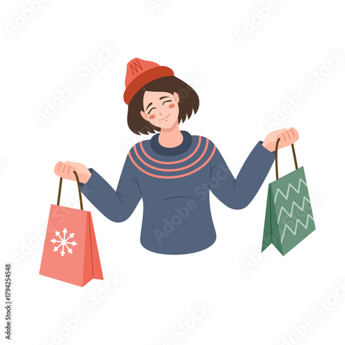Manga styled girl holding shopping bags, gifts, presents. Christmas shopping, sale vector illustration. Anime style, flat design.