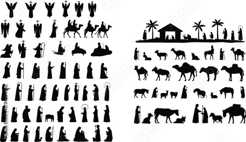 Nativity silhouette, Christmas scene, holy family, wise men, shepherds, angels, baby Jesus, Bethlehem, religious art, black vector, Christian holiday, manger, animals, star