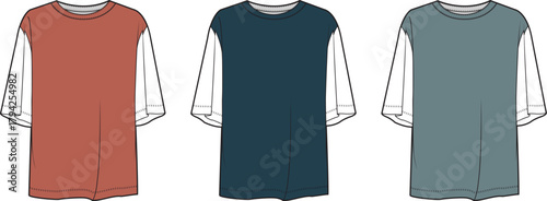 Three colored raglan sleeve t-shirts, fashion design for apparel, clothing style