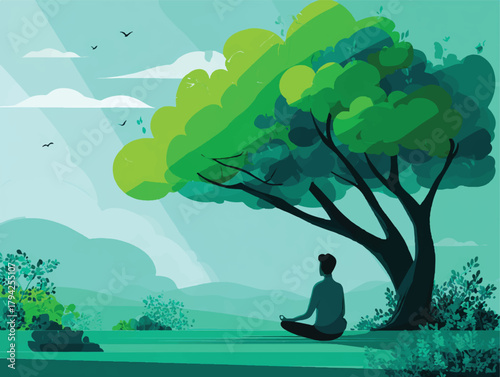 Person meditating under a tree in a serene green landscape illustration