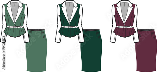 Stylish Women's Formal Wear Collection Jackets, Vests, and Pencil Skirts in Various Colors
