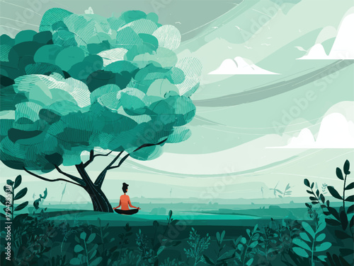 Peaceful Meditation Illustration in Nature with Woman Underneath Tree