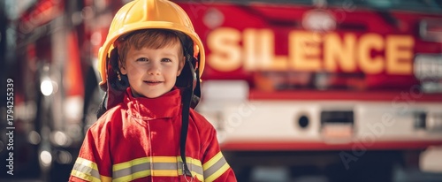 The Child Firefighter Smiling in Protective Gear in Front of Fire Engine