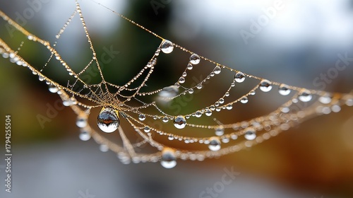 Macro view of dew drops on a spider web, sparkling in early morning light. 
