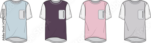 Stylish T-shirts Vector illustrations showcasing various color options and designs with pocket details
