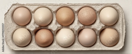 The Eggs in a Cardboard Carton Arranged in Two Rows on Neutral Background
